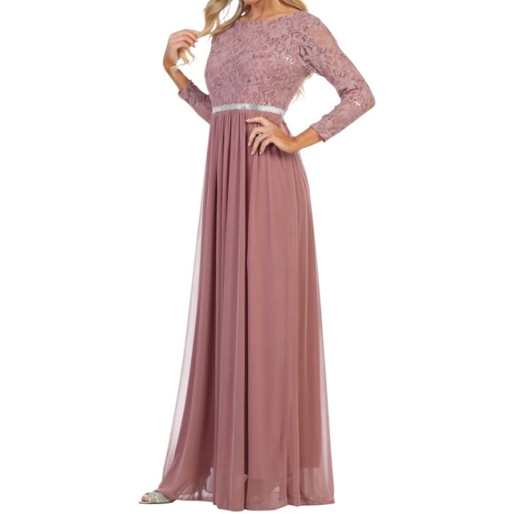 Celavie Long Bodice Lace & Chiffon Gown With SequinWith Rhinestone Mauve Large - Picture 2 of 16